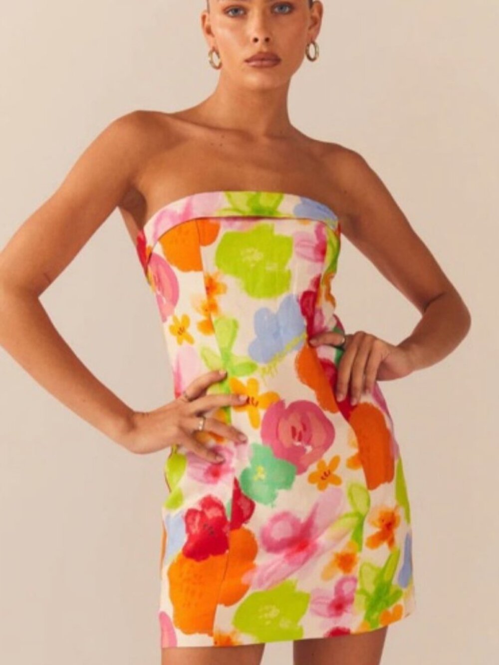 Peppermayo Watercolor Floral Strapless Linen Mini Dress